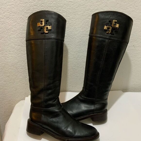 Tory Burch Lowell 2 Logo Brown  Leather Knee High Riding Boot 7 M Excellent - Picture 4 of 15